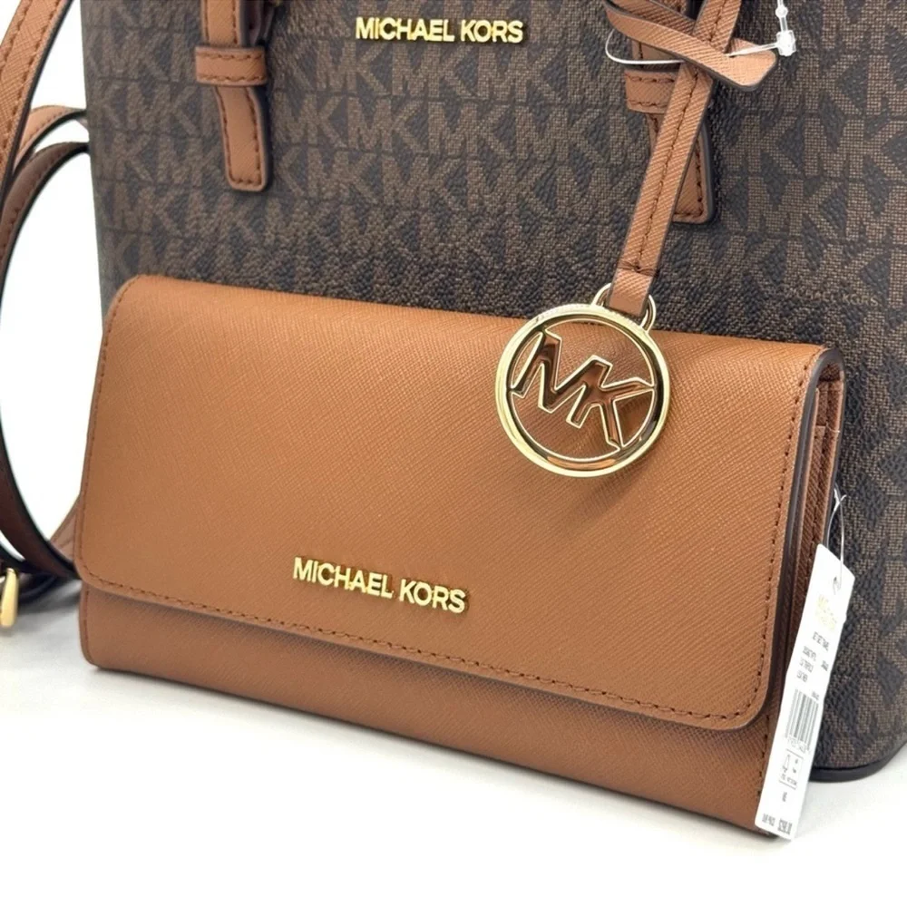 Michael Kors Jet Set Travel Extra-Small Top-Zip lote Bag & Trifold Wallet Brown
